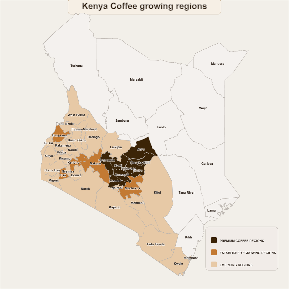 Kenya coffee growing regions map: premium, established or growing, and emerging counties